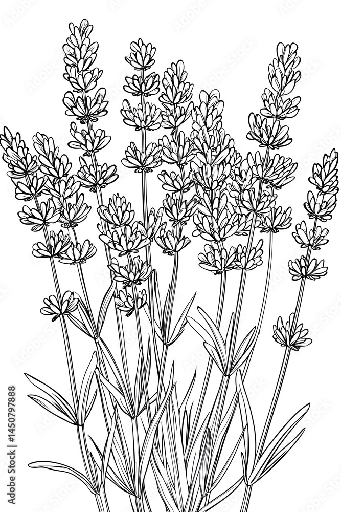 Aufkleber detailed sketch of lavender plant with multiple stalks generative ai