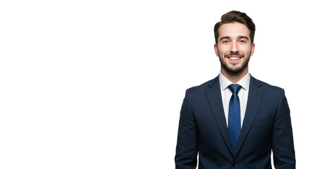 A professional businessman in a sharp blue suit and tie, smiling confidently against a clean white background.