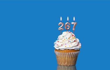 Birthday Or Anniversary Cupcake With Lit Candles; Candles Forming The Number 267.