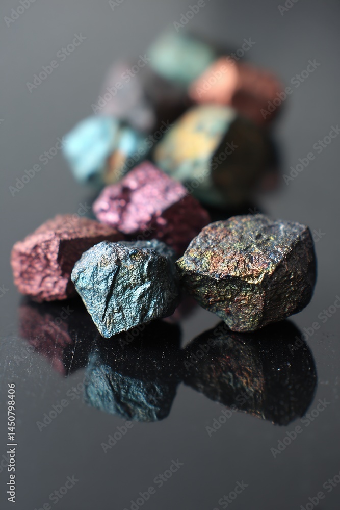 Poster iridescent mineral stones with metallic luster on dark reflective surface close up colorful rock fra