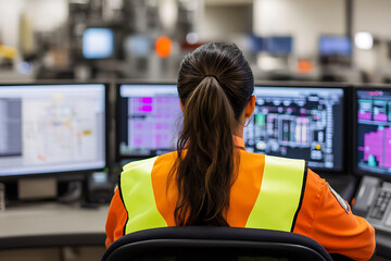 Woman in a control room, monitoring multiple computer screens with data visualizations. She is wearing a safety vest and focused on her tasks.