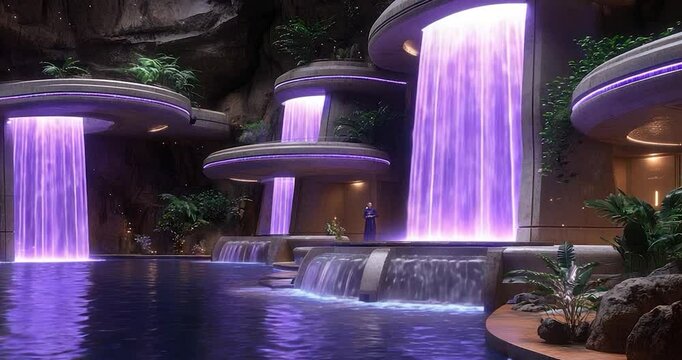 Indoor pool waterfalls futuristic design