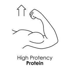 Vector icon for high potency protein. Displays a muscular arm with upward arrows, representing strength, fitness, and muscle-building benefits.