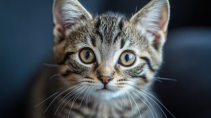 Close up portrait of a tabby kitten with big eyes and long whiskers staring at the camera intently