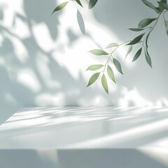 Soft light through green leaves casting gentle shadows on a minimalist white surface, serene and natural ambiance.