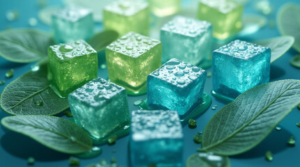 Illustration of tea leaves and ice cubes in shades of green and blue, reminiscent of a refreshing beverage.