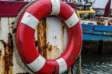 Weathered life ring on rusty boat with rope nautical safety equipment maritime theme and ocean backdrop offering a sense of security and vintage charm in a coastal setting
