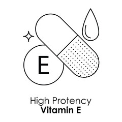 Vector icon for high potency Vitamin E. Features a capsule with a droplet and sparkle, symbolizing health and antioxidant properties.