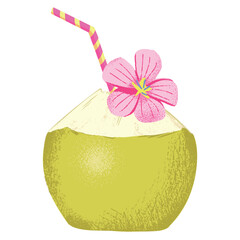 Coconut Drink with Straw. Tropical Summer Beverage Vector