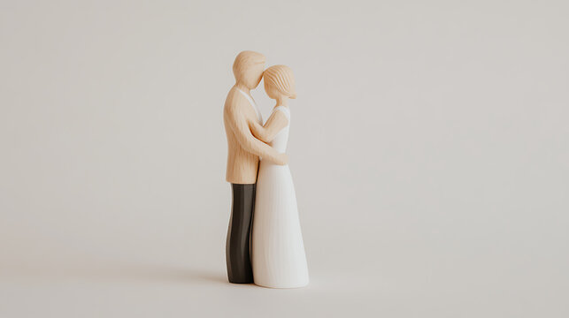 Wooden figures of a couple embrace in this serene, faceless sculpture, symbolizing love and commitment in minimalist art form.