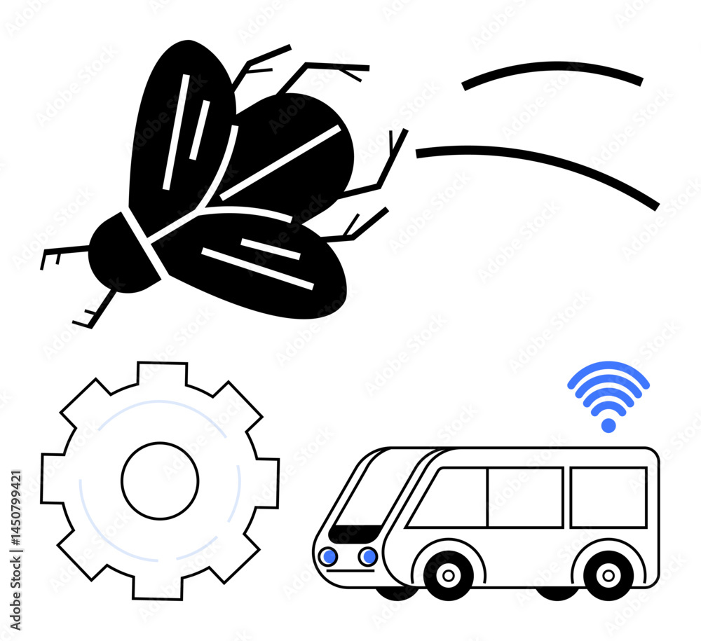 Aufkleber flying insect near gears and an autonomous bus with wireless signal. ideal for technology, engineeri
