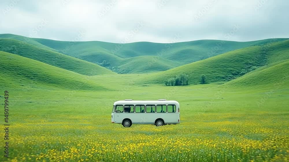Poster white bus is driving down a road in a field. the bus is parked in the middle of the field