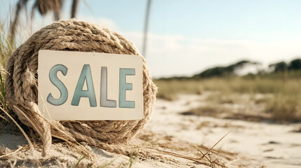 Summer sale sign on sandy beach with gentle sunlight Generative AI
