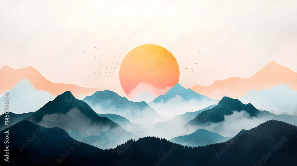 Poster serene mountains with a vibrant sunset and soft clouds generative ai