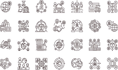 Global Business, International Trade line icon set. Vector pictograms of worldwide commerce, logistics, digital connectivity, supply chain, globalization