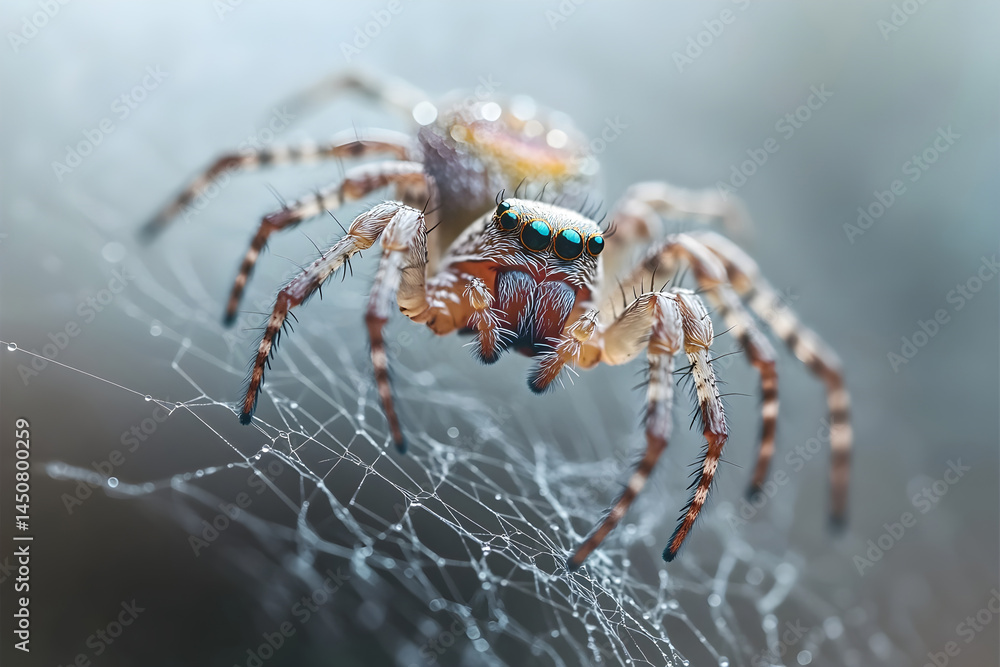 Wall mural close-up of a spider on its intricate web generative ai