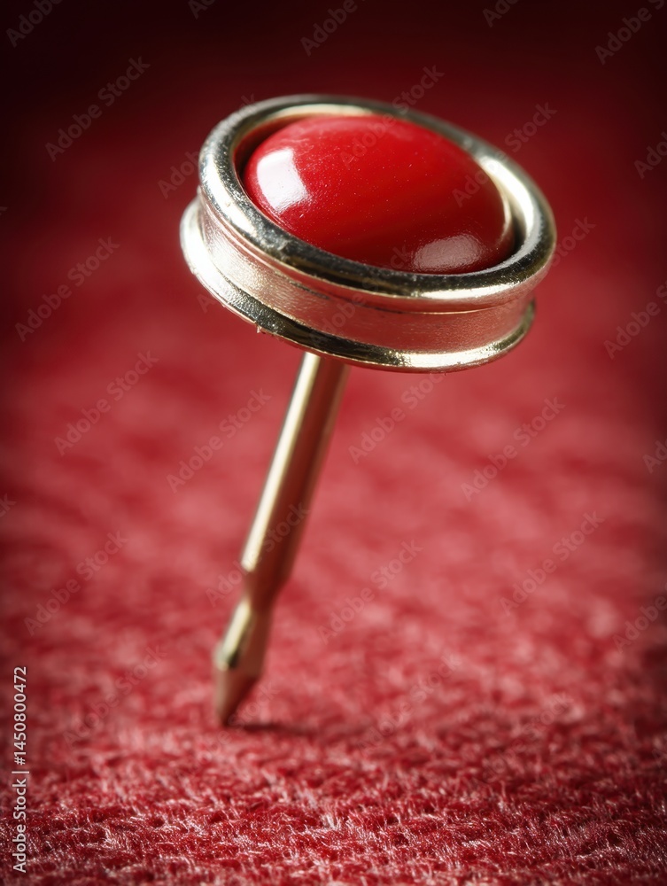 Poster macro shot of a vibrant red button with a metallic rim placed on a textured crimson fabric surface c