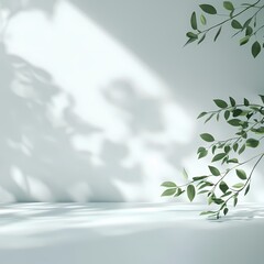 Gentle sunlight illuminating green leaves, casting delicate shadows on a serene white background, peaceful ambiance.