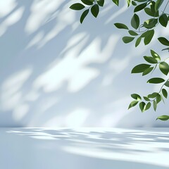 Gentle leaf shadows on light wall, nature-inspired minimalism, soothing atmosphere with play of light and greenery.