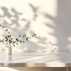 Minimalist decor with potted plant casting soft leaf shadows on a sunlit white surface, peaceful and modern theme.