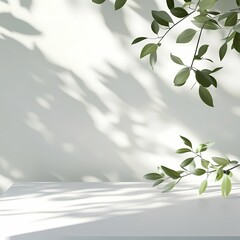 Sunlit leaves casting elegant shadows on a minimalist white table, nature-inspired calm and tranquility.