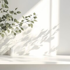 Serene branch shadows on a sunlit white wall calm minimalism natural light tranquility cozy interior design peaceful ambiance