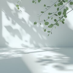 Serene minimalist space with leafy shadows soft light creating a calming atmosphere botanical accents on a pale surface