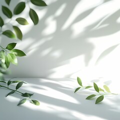 Peaceful leaves casting shadows on a minimalist white surface capturing nature's essence with soft diffused light