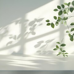 Sunlit leaves casting soft shadows on a white minimalist wall, creating a serene and tranquil atmosphere.