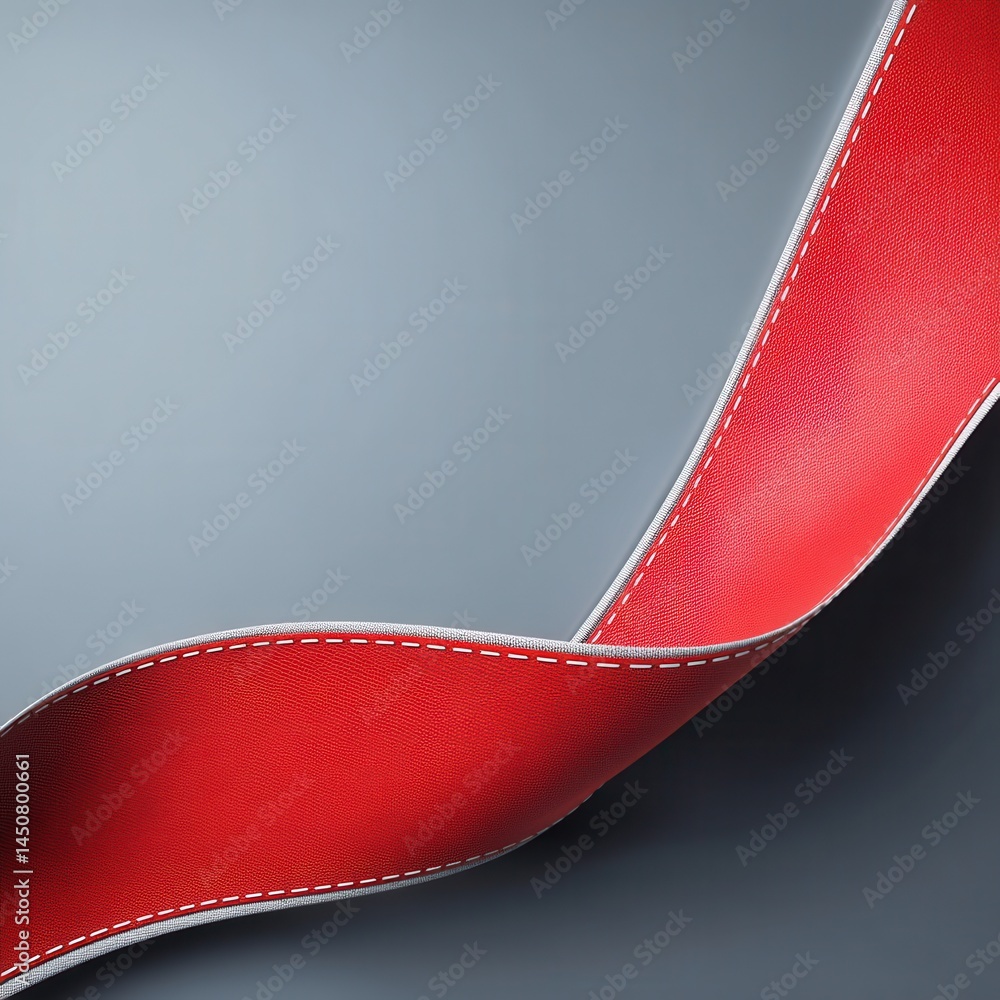 Poster elegant red ribbon with white stitching on a gray background creating a modern and abstract design w