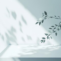 Minimalist shadows and leaves on white wall, soft lighting, tranquil and serene atmosphere, nature-inspired design.
