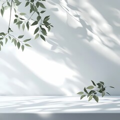 Elegant leaves casting soft shadows on a minimalist white background, evoking serene garden tranquility and calm.