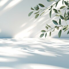 Sunlit leaves casting gentle shadows on a soft, minimalist white background, evoking serenity and nature's elegance.
