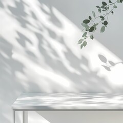 Minimalist space with soft leafy shadows, white table, tranquil, natural light, serene atmosphere, simple elegance.