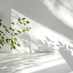 Leafy branch casting shadows on a bright, minimalist white surface in serene natural light, highlighting tranquility.