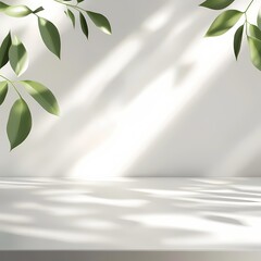 Minimalist botanical scene with green leaves casting soft shadows on a light backdrop evokes tranquility and nature.