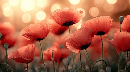 Close-up of red poppy flowers in a garden, with a soft bokeh background in digital art -
