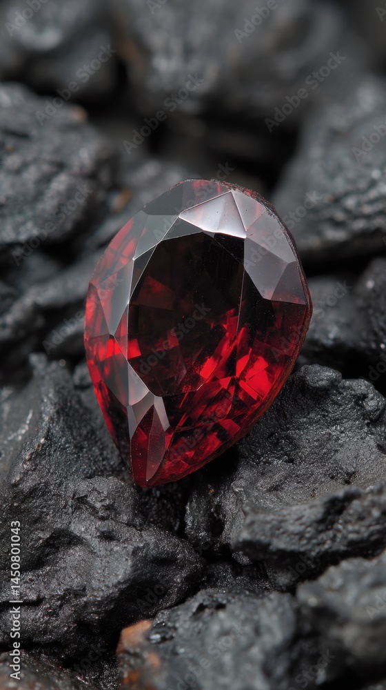Poster captivating close up of a heart shaped red garnet gemstone resting on a bed of dark charcoal stones 