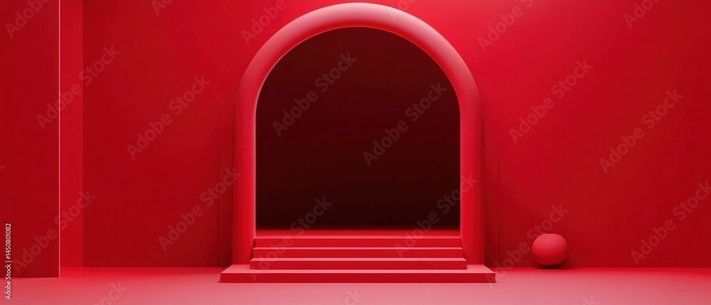 Poster minimalist red interior with archway and steps creating a serene and modern atmosphere perfect for a