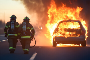 Firefighters respond to a car fire on the highway, working to extinguish the flames and ensure safety. The emergency situation unfolds under a sunset sky.