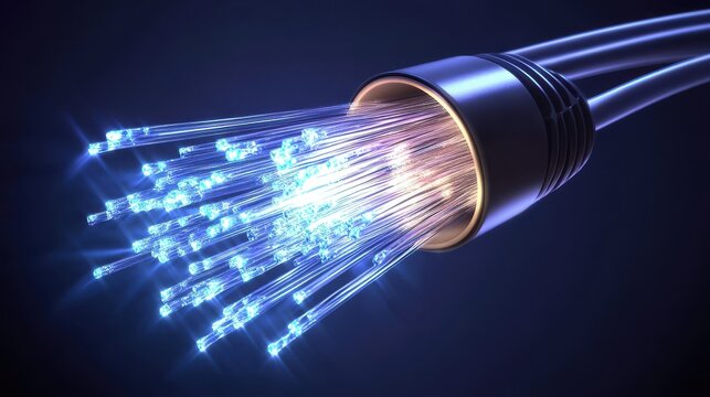 Close-up of a fiber optic cable with light rays emanating from the center