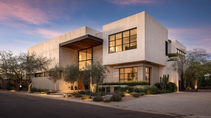 Modern, light-beige, contemporary residence with geometric lines.  Large windows, dark-toned accents, and low landscaping.  Twilight desert setting