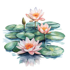 Watercolor lake with water lily isolated on white background.png