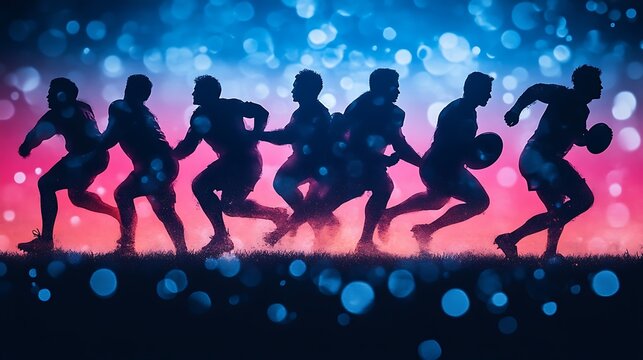 Rugby Player Running Silhouette Against Bokeh Background