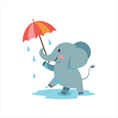 Cute Elephant with Umbrella in Rain Vector Illustration