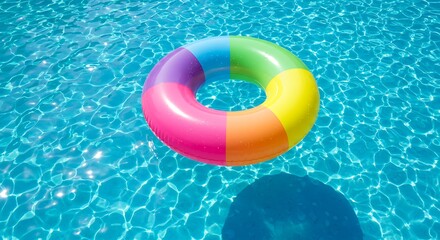 Floating colorful inflatable ring in clear swimming pool water sunny day