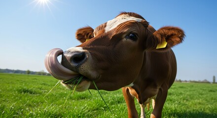 Cow Eating Grass in Sunny Field