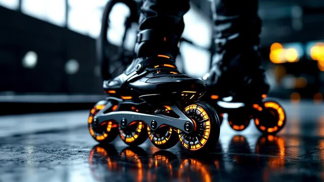 Close-up of modern roller skates with illuminated wheels in a city setting Low-angle, close-up view of a person's feet in black roller skates with bright orange-yellow LED wheels.
