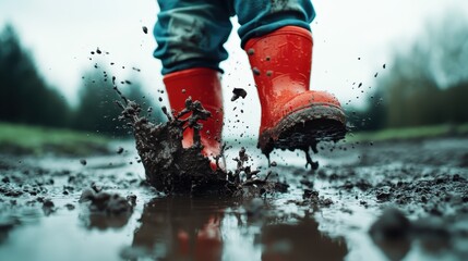 A child in vibrant red rain boots creates joyful splashes in muddy puddles, capturing the essence of carefree childhood moments filled with fun and excitement in nature.