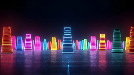 Colorful Neon Glowing Buildings In Dark Background